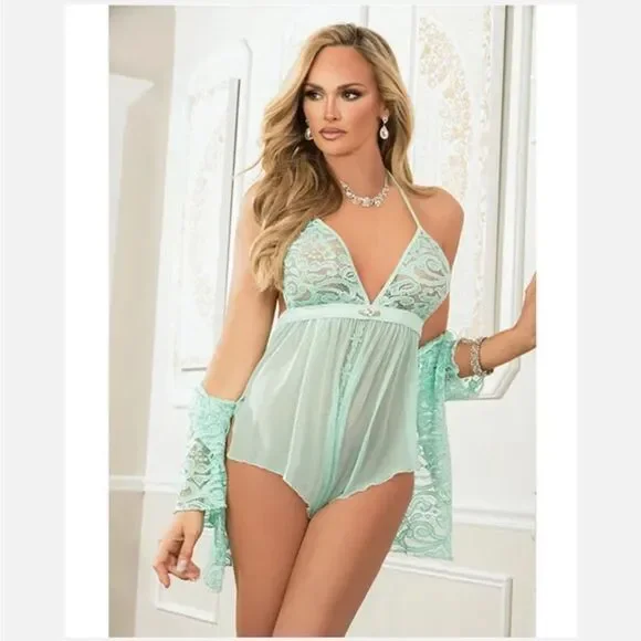2 Pc Romper With Open Crotch Snaps and Lace Robe - One Size - Mint